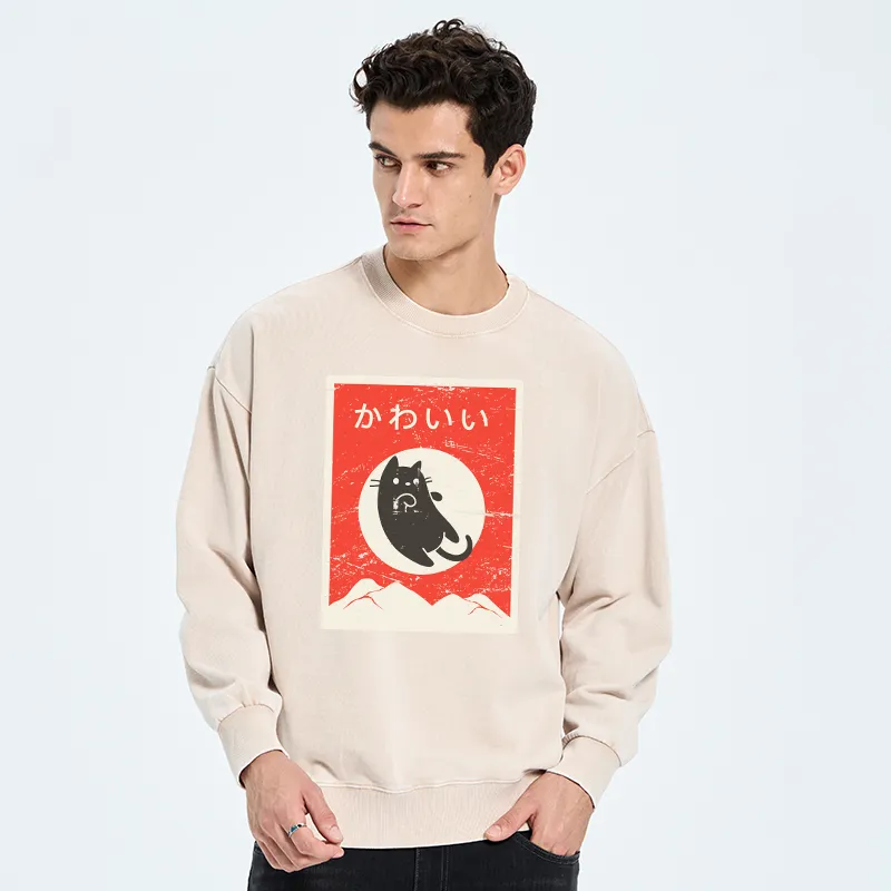 Tokyo-Tiger Cute Black Cat Japanese Washed Sweatshirt