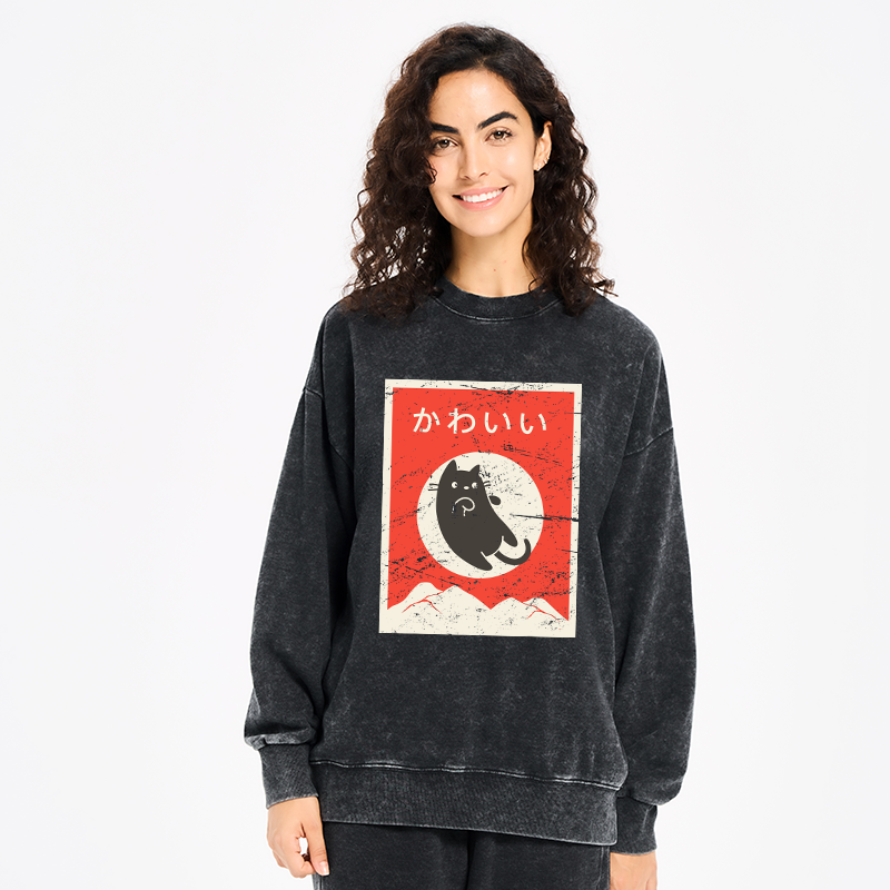 Tokyo-Tiger Cute Black Cat Japanese Washed Sweatshirt