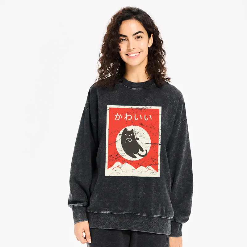Tokyo-Tiger Cute Black Cat Japanese Washed Sweatshirt