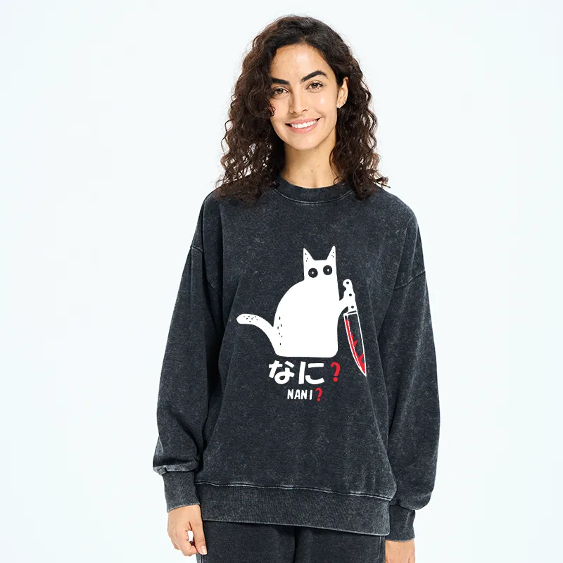Tokyo-Tiger A Puzzled Cat Holding A Knife Washed Sweatshirt