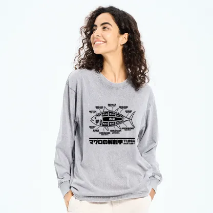 Tokyo-Tiger Tuna Dissection Map Japanese Washed Long Sleeve T-Shirt