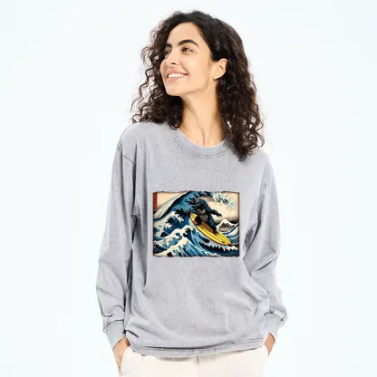 Tokyo-Tiger Dinosaur Surfing Japanese Washed Long Sleeve T-Shirt