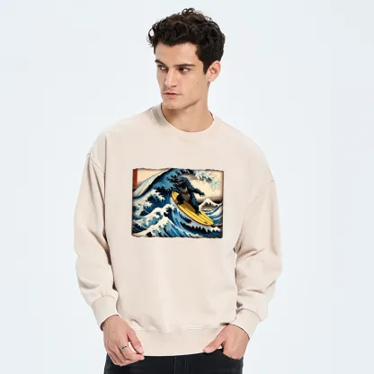 Tokyo-Tiger Dinosaur Surfing Japanese Washed Sweatshirt