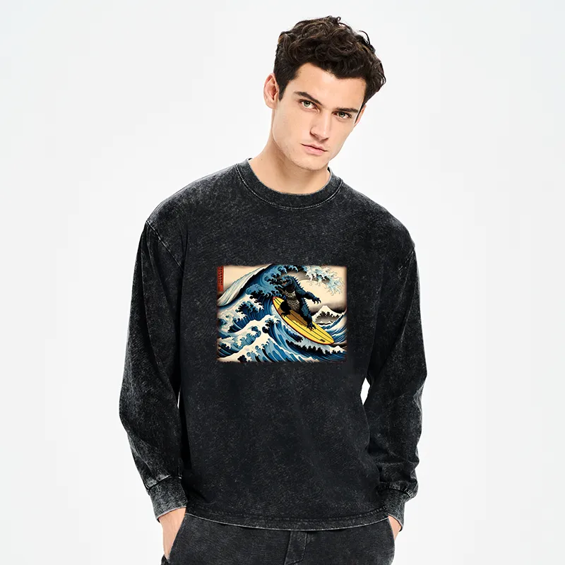 Tokyo-Tiger Dinosaur Surfing Japanese Washed Long Sleeve T-Shirt