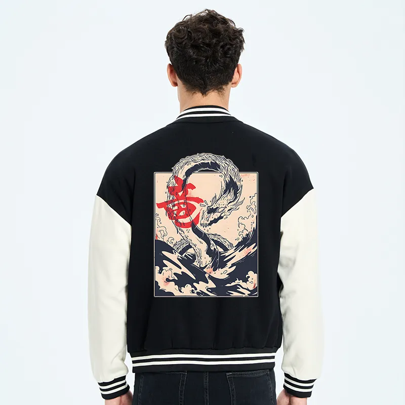 Tokyo-Tiger Sea Dragon Japanese Embroidery Varsity Jacket