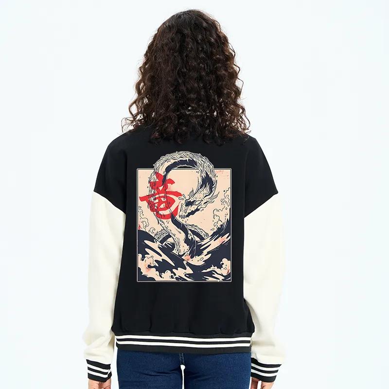 Tokyo-Tiger Sea Dragon Japanese Embroidery Varsity Jacket