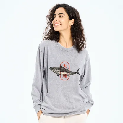 Tokyo-Tiger Oyashima Sushi Logo Washed Long Sleeve T-Shirt