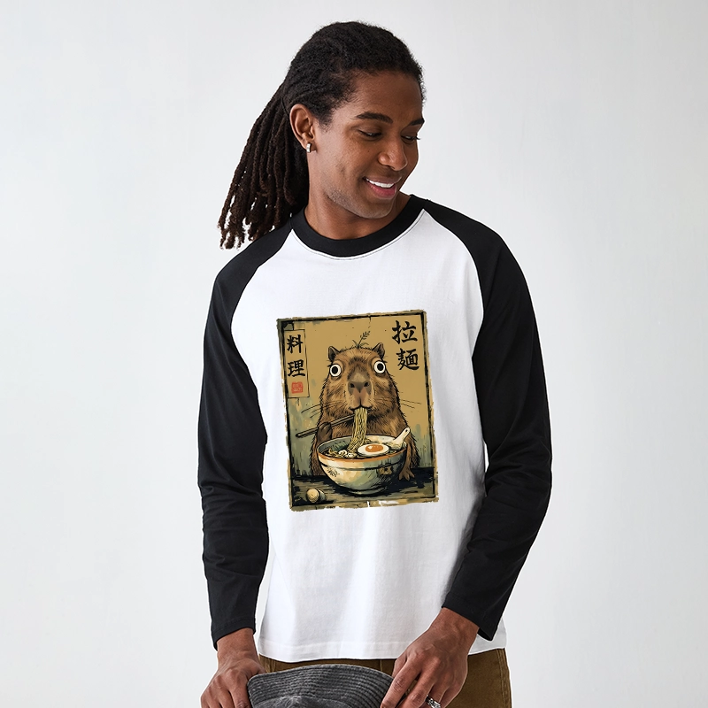 Tokyo-Tiger Cute Capybara Eating Ramen Raglan Long Sleeve T-shirt