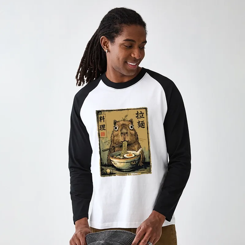 Tokyo-Tiger Cute Capybara Eating Ramen Raglan Long Sleeve T-shirt