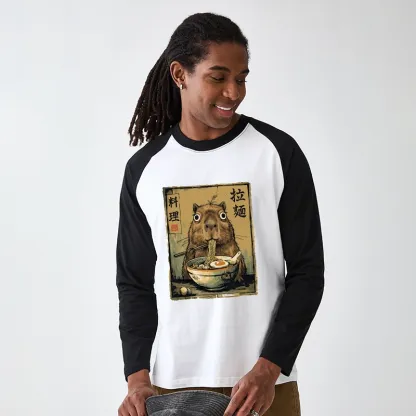 Tokyo-Tiger Cute Capybara Eating Ramen Raglan Long Sleeve T-shirt