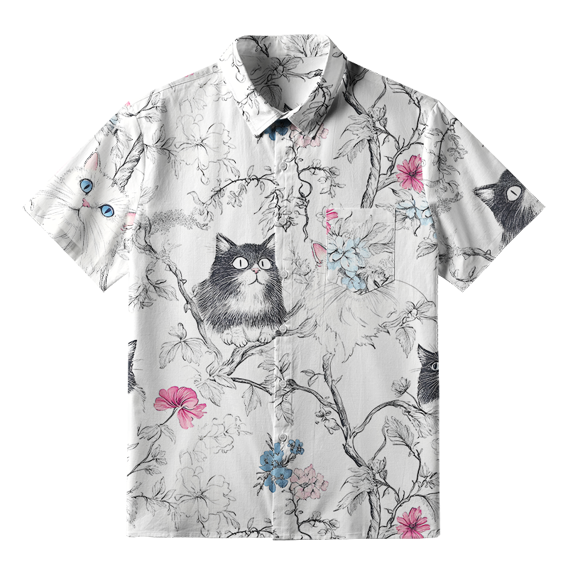 Tokyo-Tiger Black And White Cat On A Branch Button-up Shirt