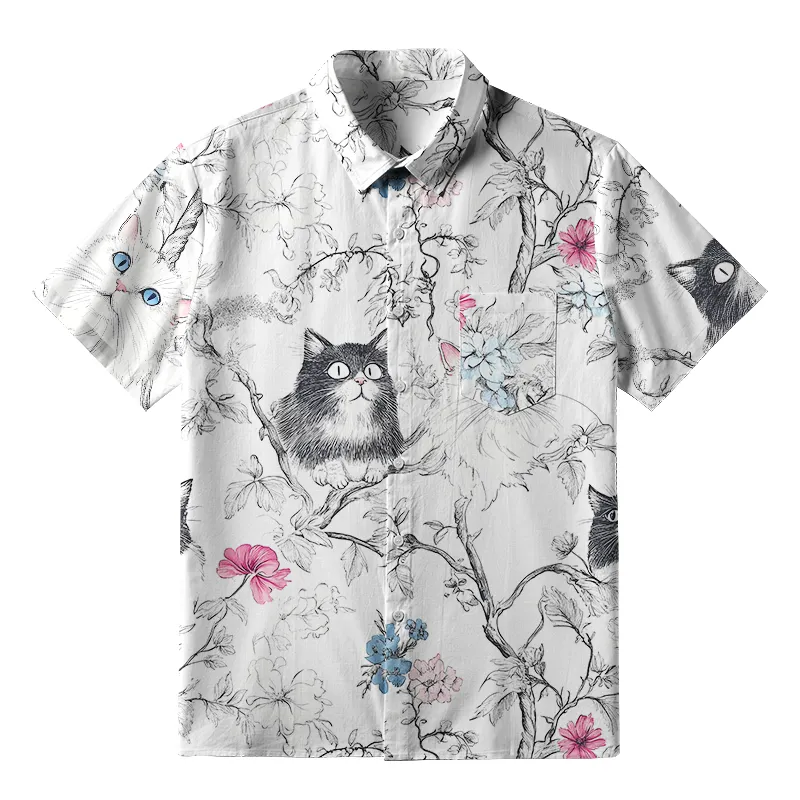 Tokyo-Tiger Black And White Cat On A Branch Button-up Shirt