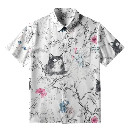 Tokyo-Tiger Black And White Cat On A Branch Button-up Shirt