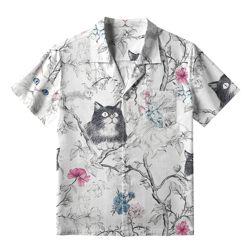 Tokyo-Tiger Black And White Cat On A Branch Aloha Hawaiian Shirt