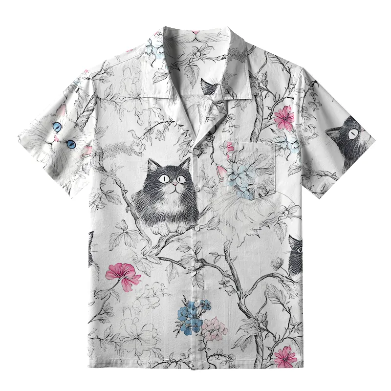 Tokyo-Tiger Black And White Cat On A Branch Aloha Hawaiian Shirt