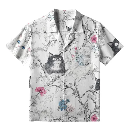 Tokyo-Tiger Black And White Cat On A Branch Aloha Hawaiian Shirt