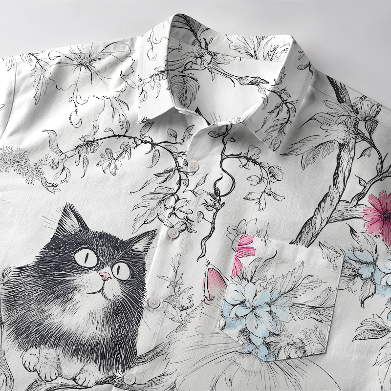 Tokyo-Tiger Black And White Cat On A Branch Button-up Shirt