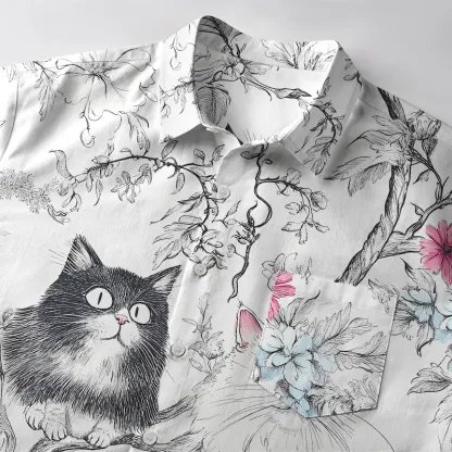 Tokyo-Tiger Black And White Cat On A Branch Button-up Shirt