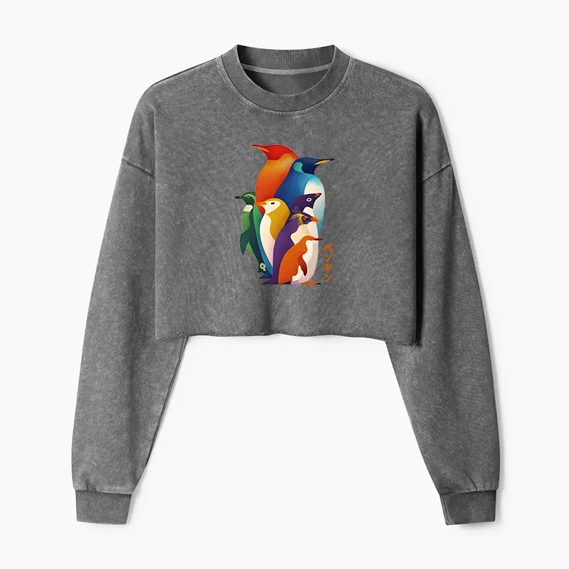 Tokyo-Tiger Cute Multi Tone Penguins Washed Crop Sweatshirt