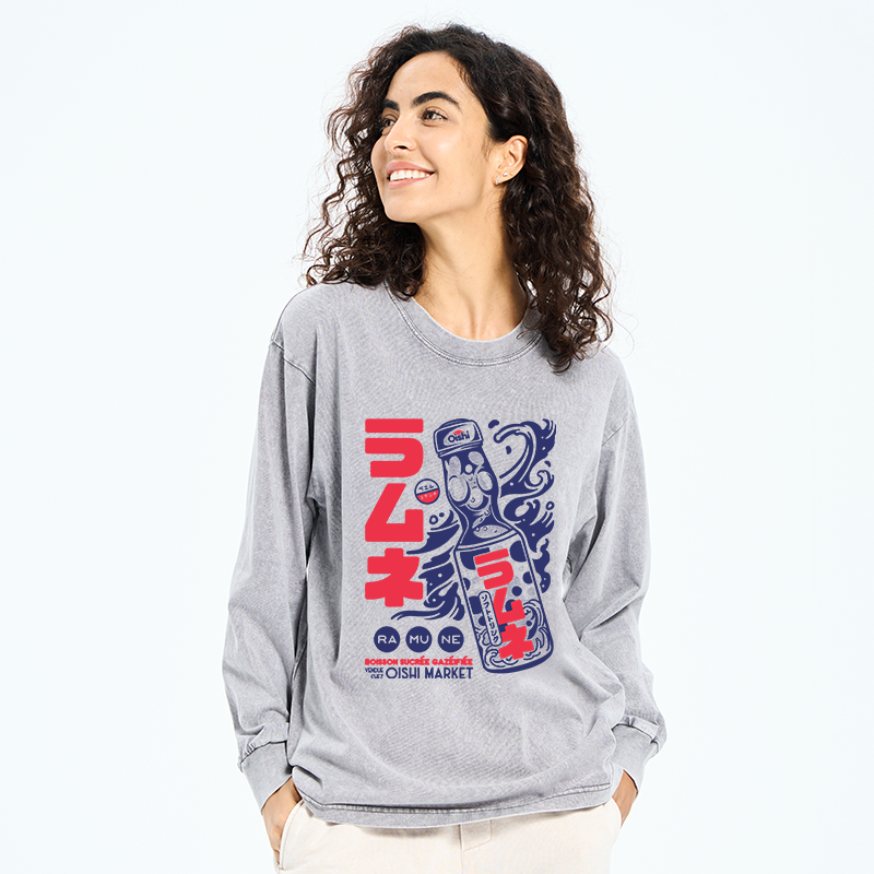 Tokyo-Tiger Ramune Print Japanese Washed Long Sleeve T-Shirt