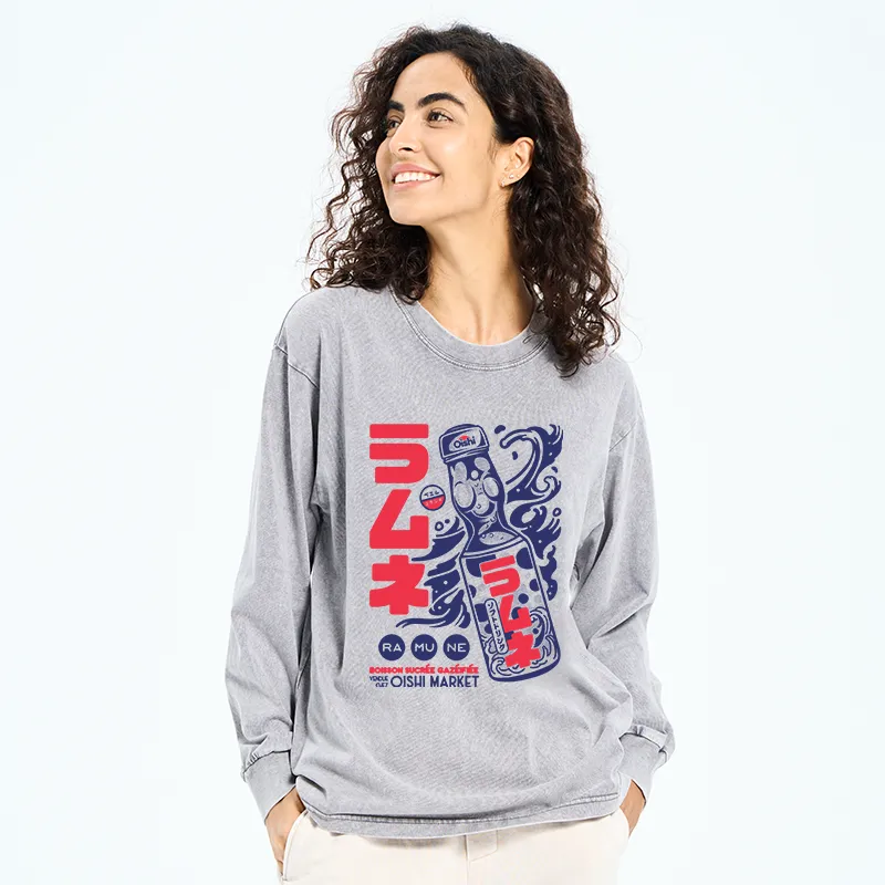 Tokyo-Tiger Ramune Print Japanese Washed Long Sleeve T-Shirt