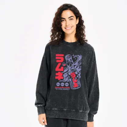 Tokyo-Tiger Ramune Print Japanese Washed Sweatshirt