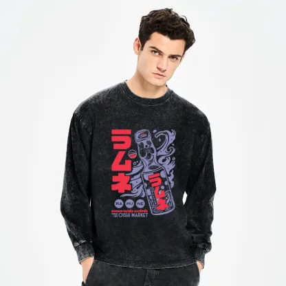 Tokyo-Tiger Ramune Print Japanese Washed Long Sleeve T-Shirt