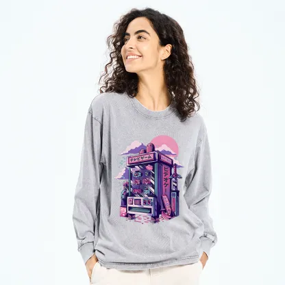 Tokyo-Tiger Japanese Vending Machines Washed Long Sleeve T-Shirt