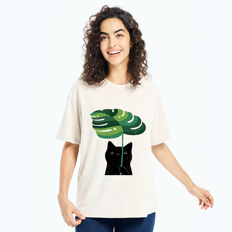 Tokyo-Tiger Monstera Deliciosa And Cat Washed T-Shirt