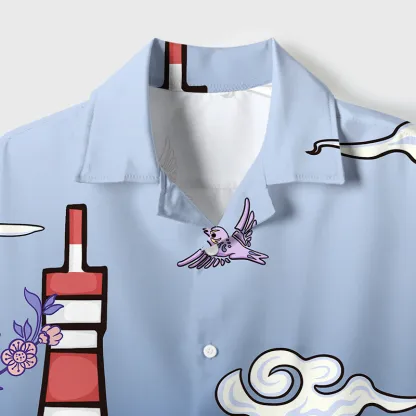 Tokyo-Tiger Tokyo Tower Landscape With Cat Cuban Collar Shirt