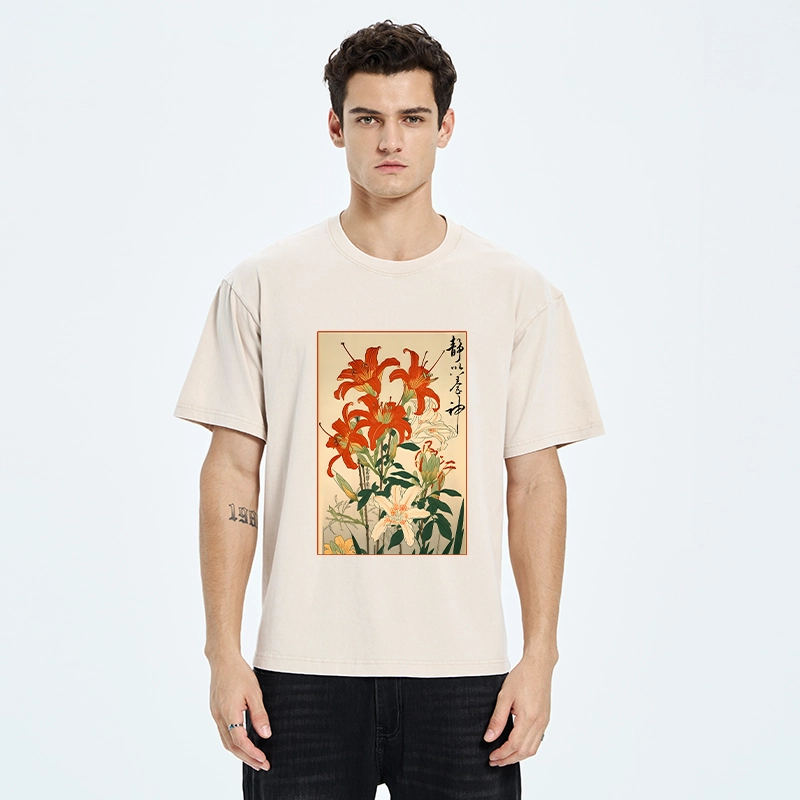 Tokyo-Tiger Vibrant Red And White Lilies Washed T-Shirt