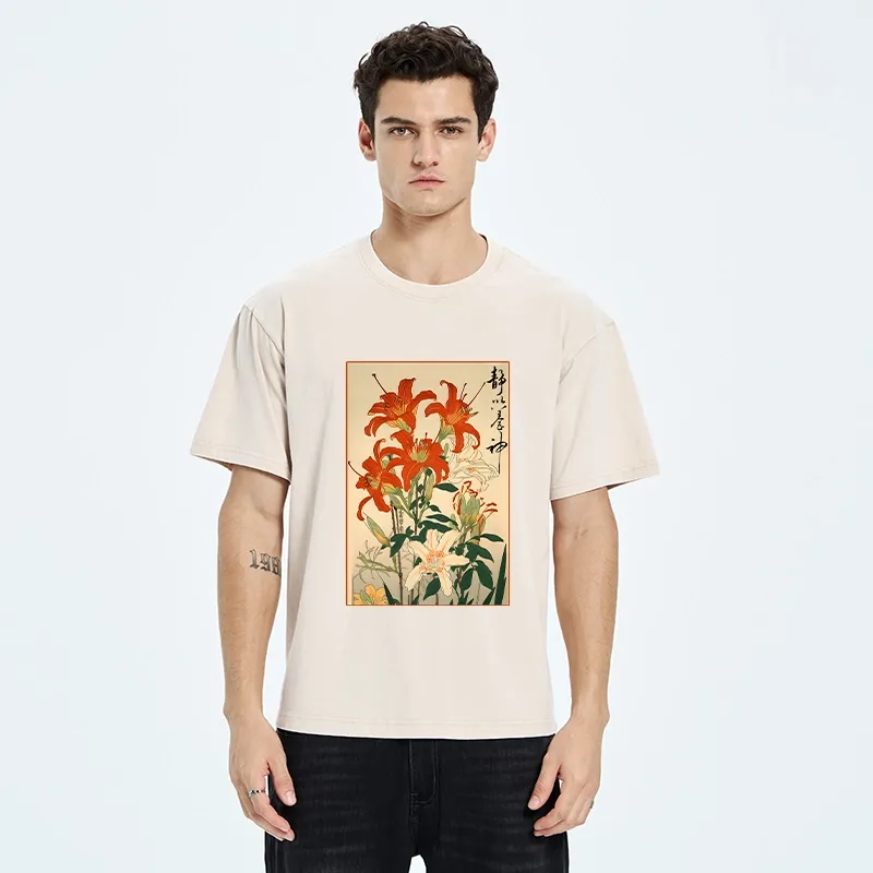 Tokyo-Tiger Vibrant Red And White Lilies Washed T-Shirt