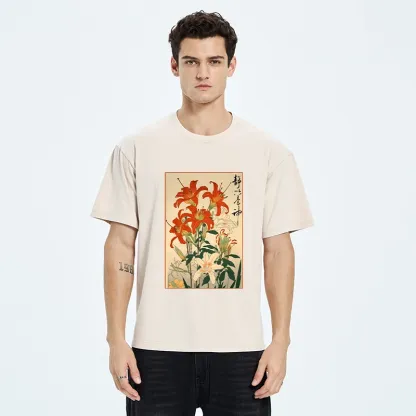Tokyo-Tiger Vibrant Red And White Lilies Washed T-Shirt