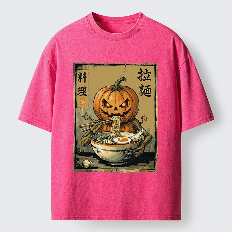 Tokyo‑Tiger Pumpkin Eating Ramen Washed T‑Shirt