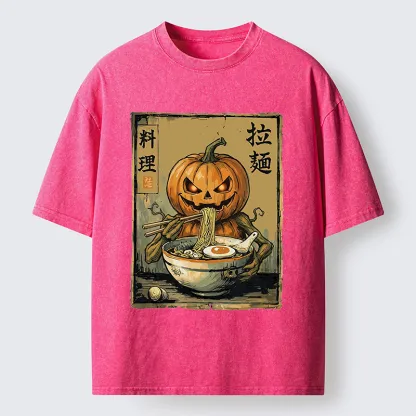 Tokyo‑Tiger Pumpkin Eating Ramen Washed T‑Shirt