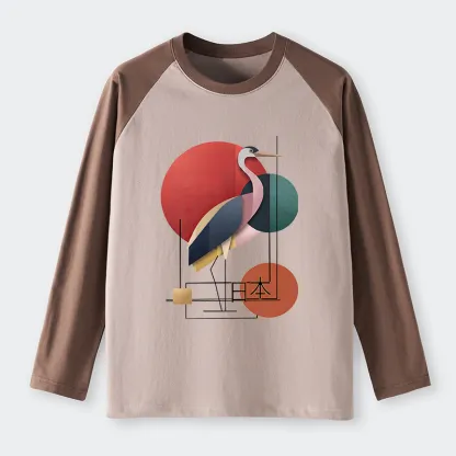 Tokyo-Tiger Geometric Crane Art Raglan Long Sleeve T-shirt