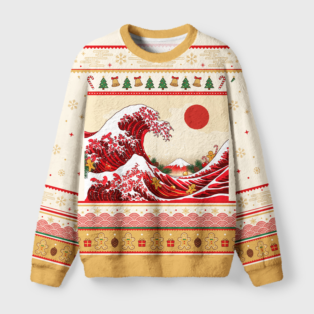 Tokyo-Tiger Gingerbread Surf Christmas Wave Two Fuzzy Christmas Ugly Sweatshirt