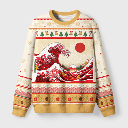 Tokyo-Tiger Gingerbread Surf Christmas Wave Two Fuzzy Christmas Ugly Sweatshirt