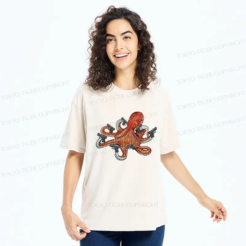 Tokyo-Tiger Funny Octopus With Guns Washed T-Shirt