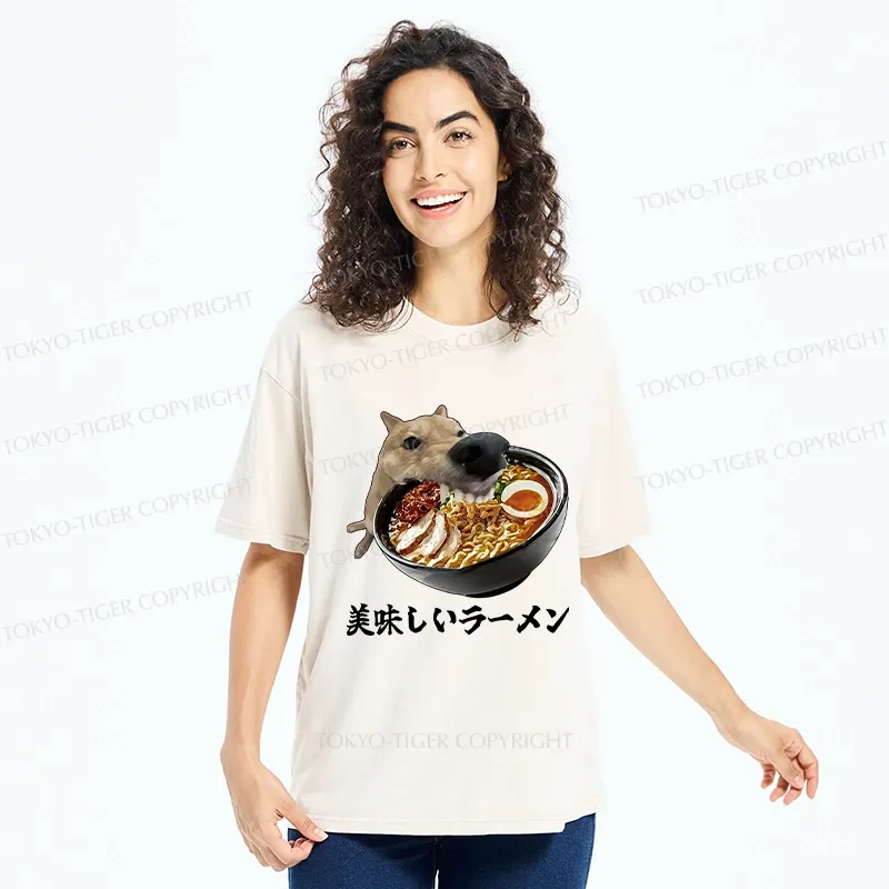 Tokyo-Tiger Funny Ramen Lover Dog Washed T-Shirt
