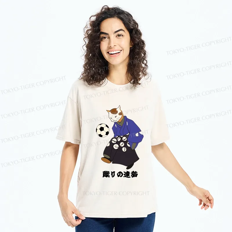 Tokyo-Tiger Cat Playing Football Washed T-Shirt