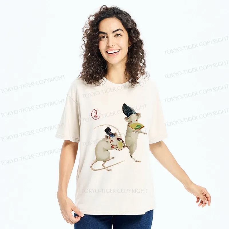Tokyo-Tiger Retro Dancing Mouse Washed T-Shirt