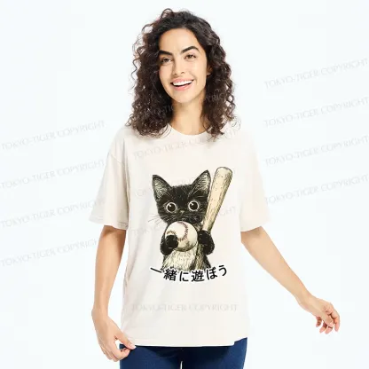 Tokyo-Tiger Cute Cat Playing Baseball Washed T-Shirt