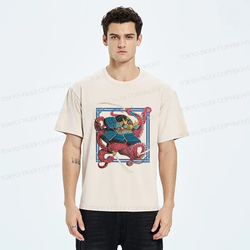 Tokyo-Tiger Samurai Octopus Swinging Sword Washed T-Shirt