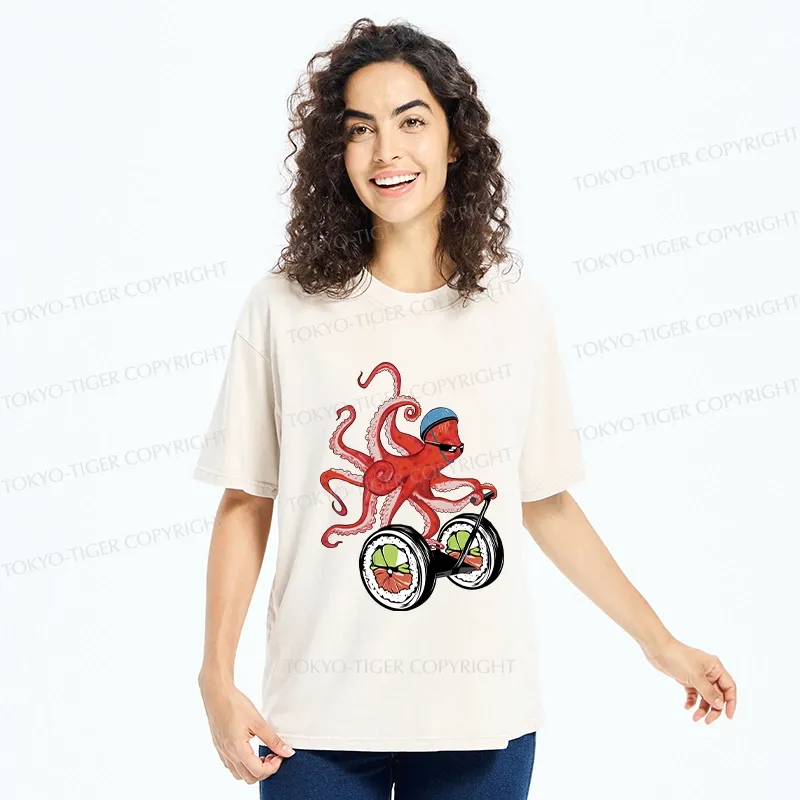 Tokyo-Tiger Octopus Riding A Sushi Cart Washed T-Shirt