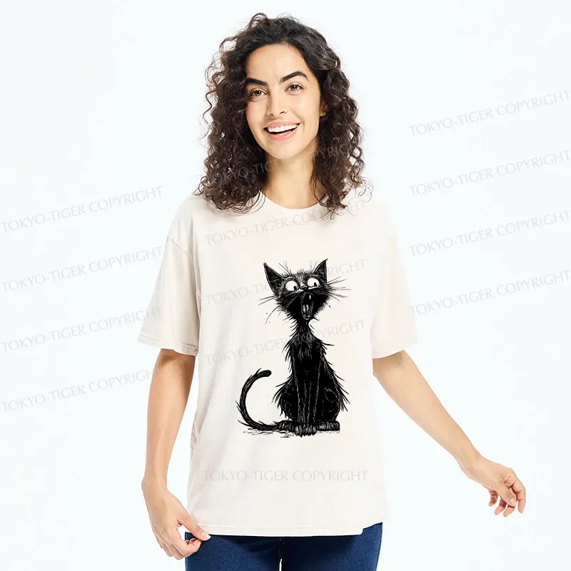 Tokyo-Tiger Surprised Black Cat Washed T-Shirt