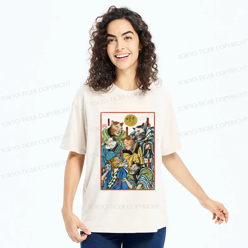 Tokyo-Tiger Japanese Ukiyo-e Cats Washed T-Shirt