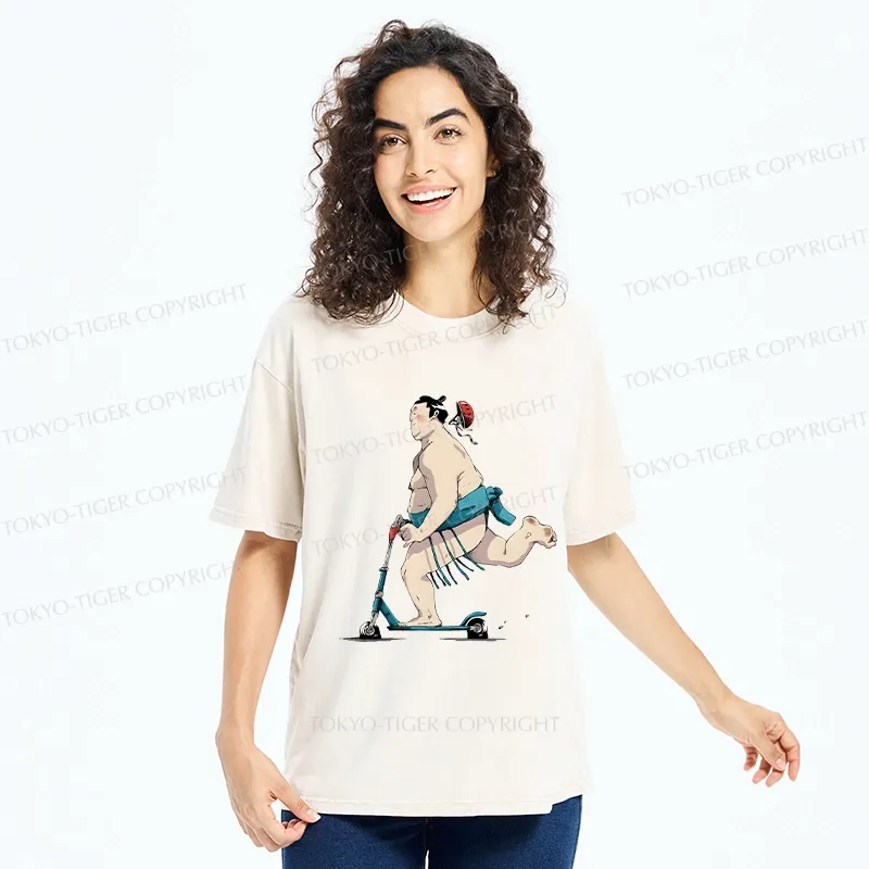 Tokyo-Tiger Sumo On A Scooter Washed T-Shirt
