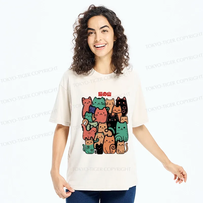 Tokyo-Tiger Funny Cat Mountain Washed T-Shirt