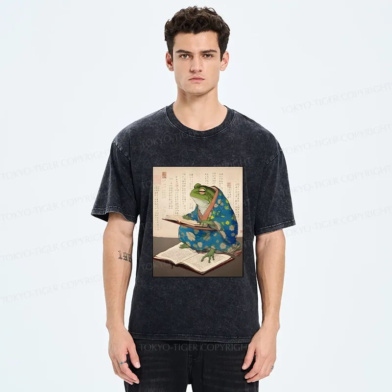 Tokyo-Tiger Frog Reading Japanese Washed T-Shirt